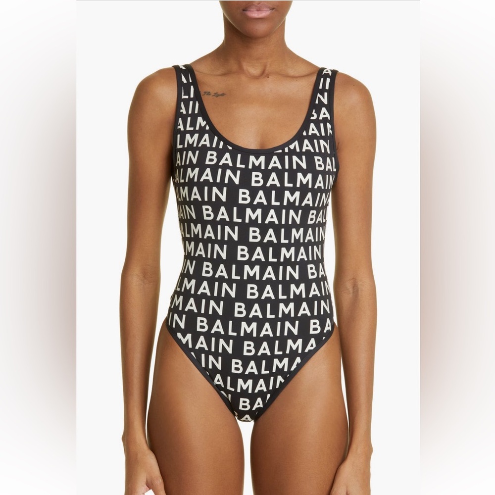 Balmain Logo Print One Piece Swimsuit
